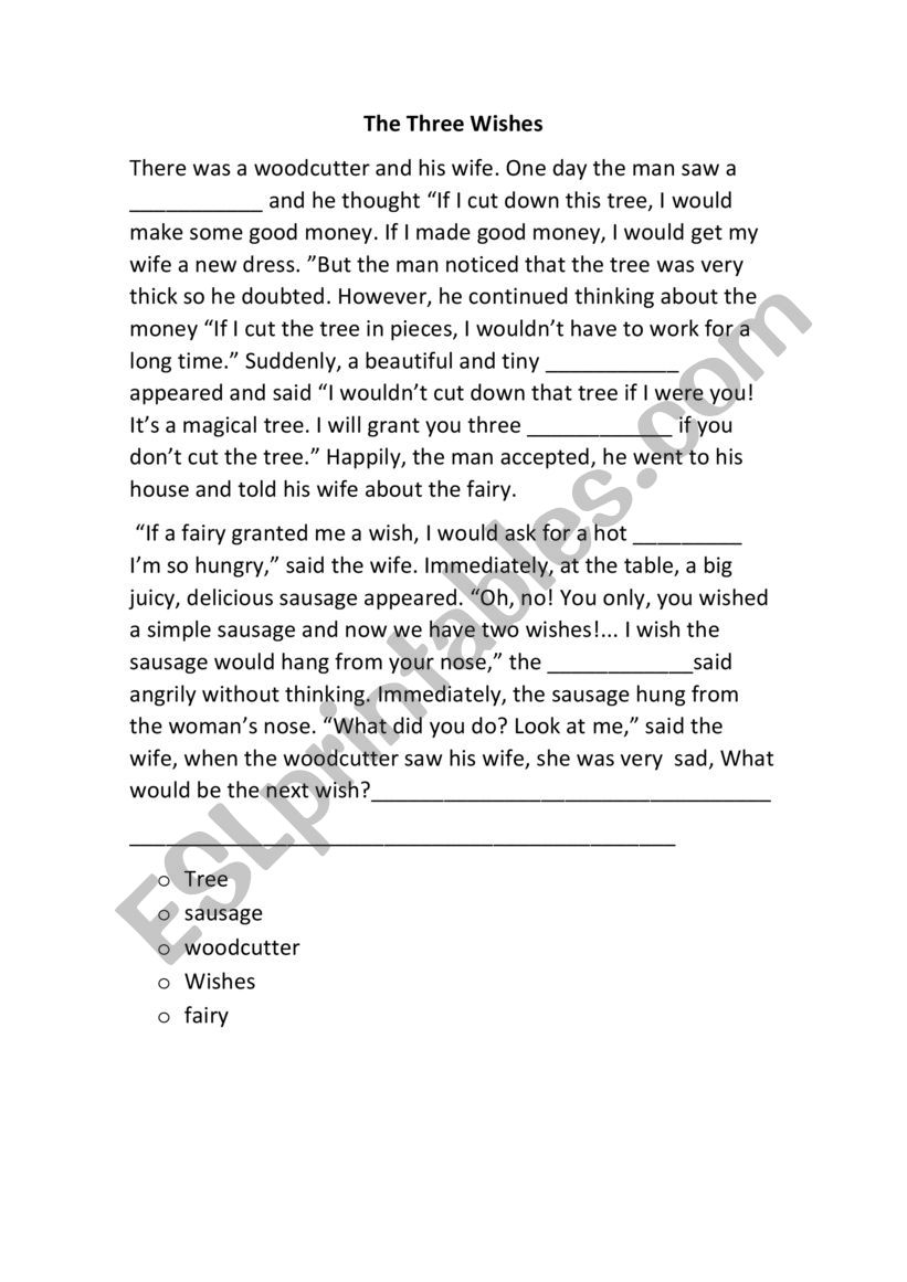 THREE WISHES STORY worksheet