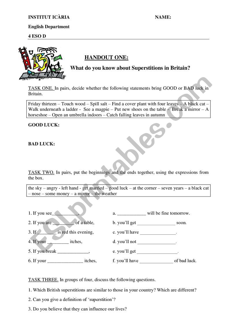 superstitions worksheet