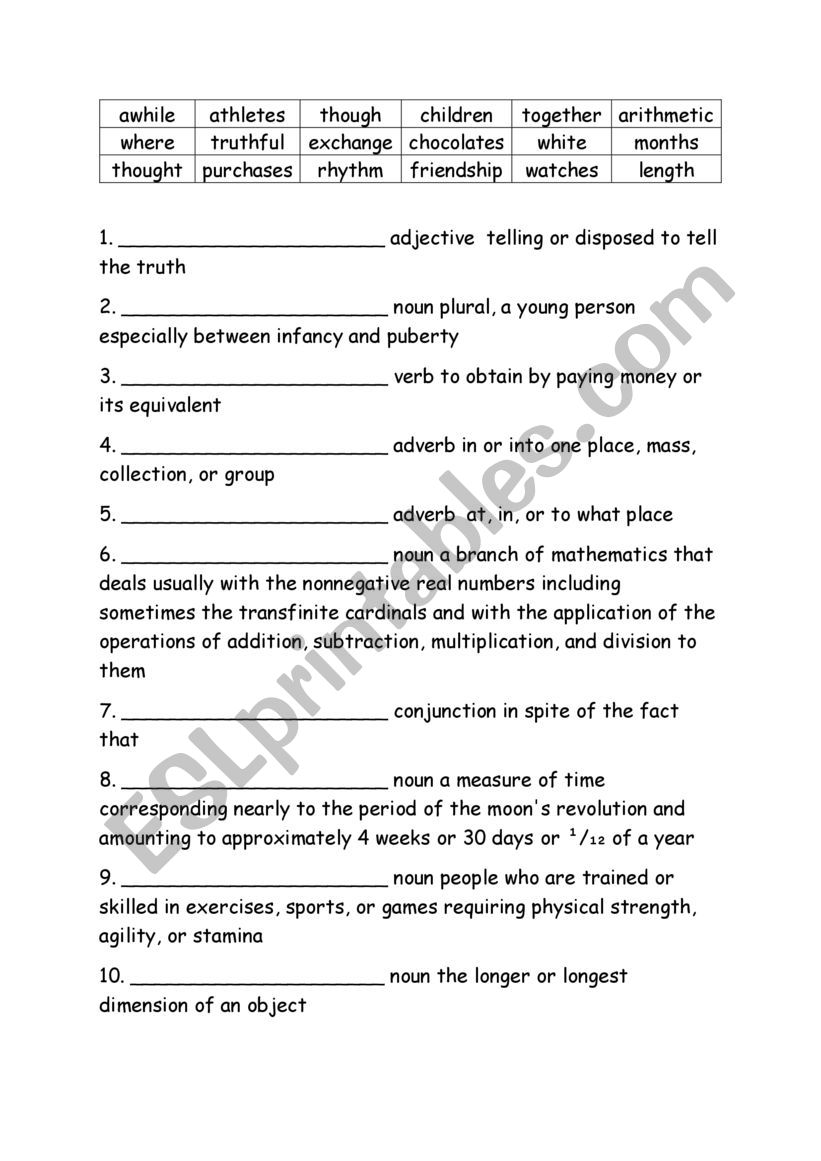 Grade Five Spelling Definitions Week 16