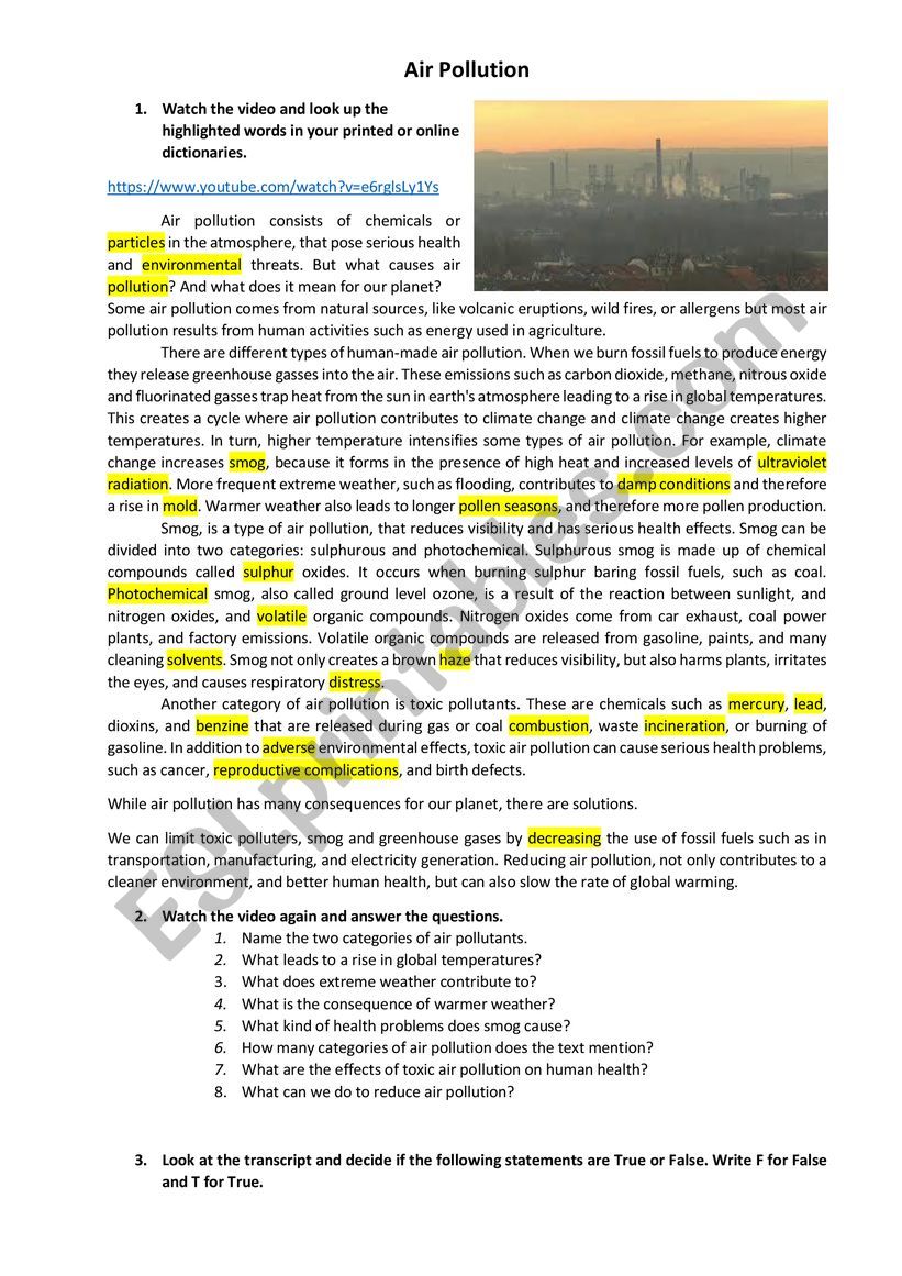 Video worksheet-Air pollution worksheet