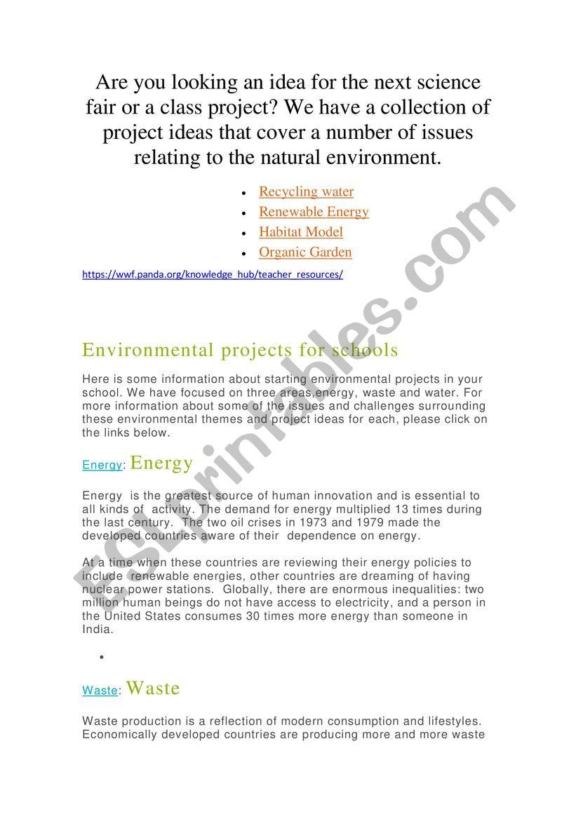 PROJECT ABOUT ENVIRONMENT worksheet