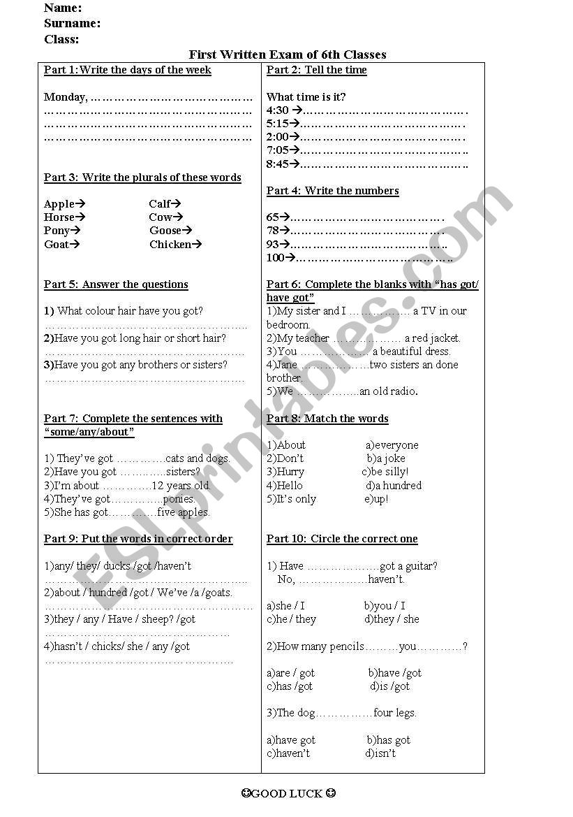 test for 6 th grade worksheet