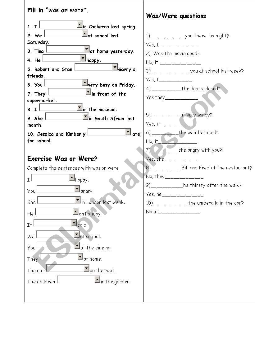 was-were worksheet