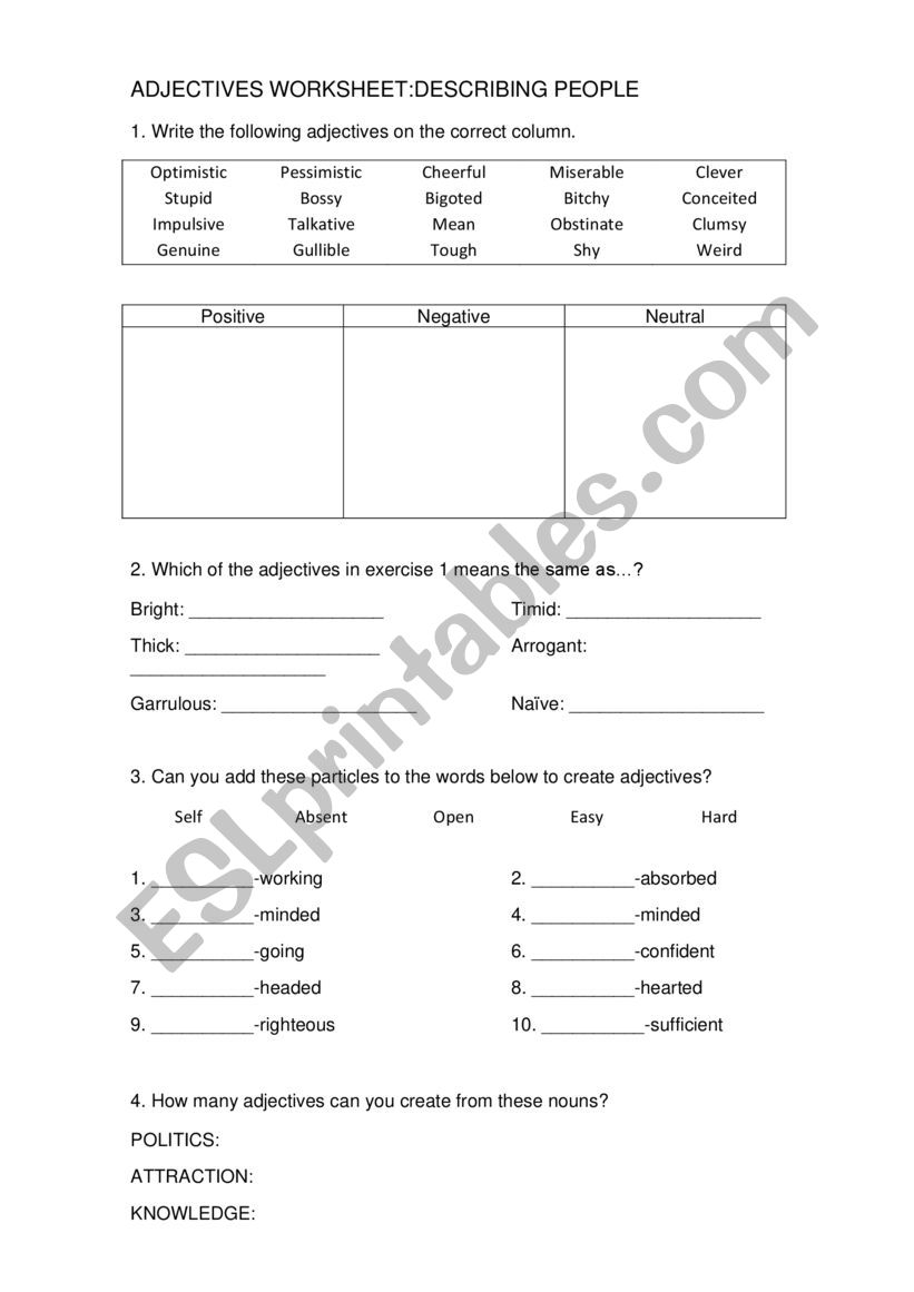 Describing people: Adjectives worksheet