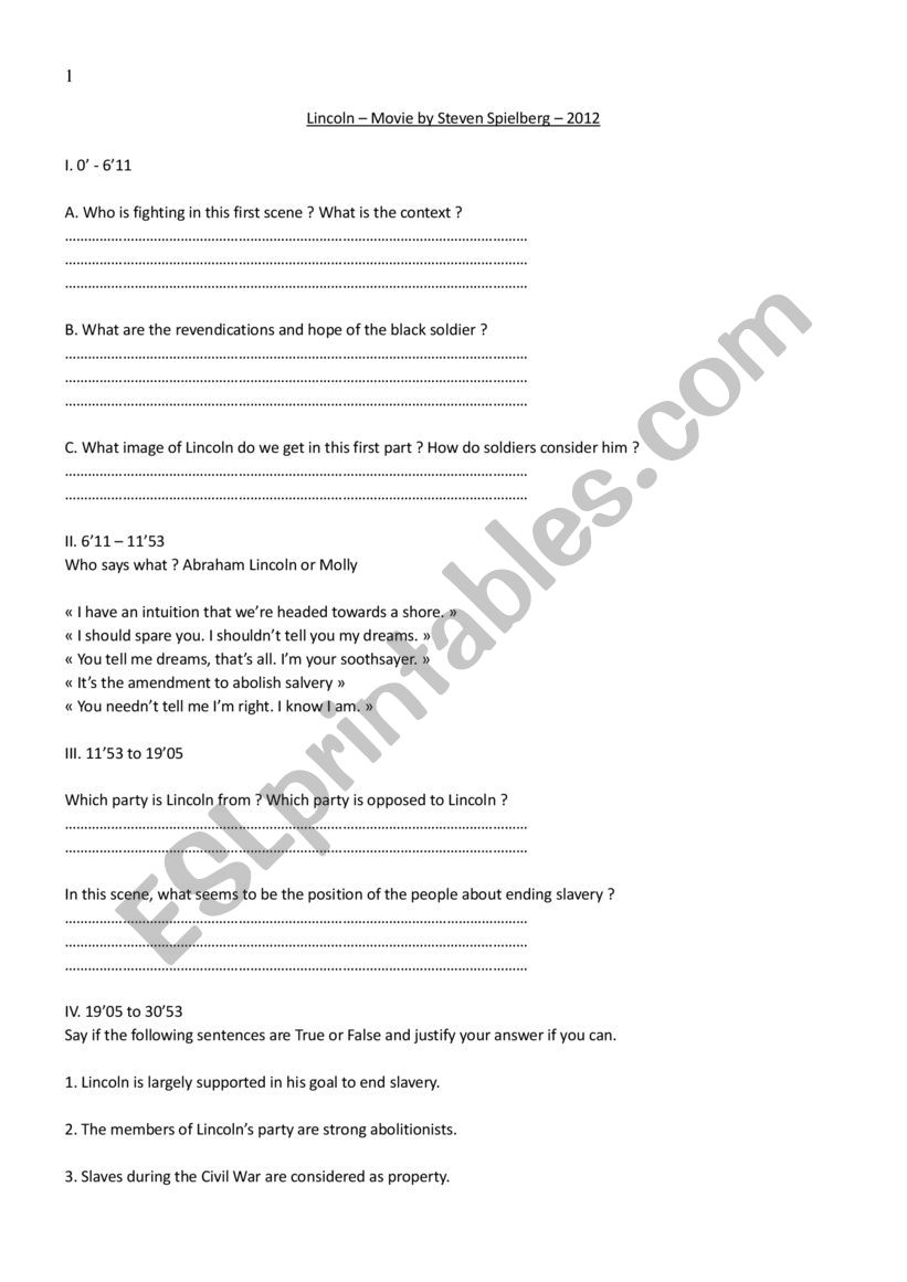 Lincoln - the movie - worksheet
