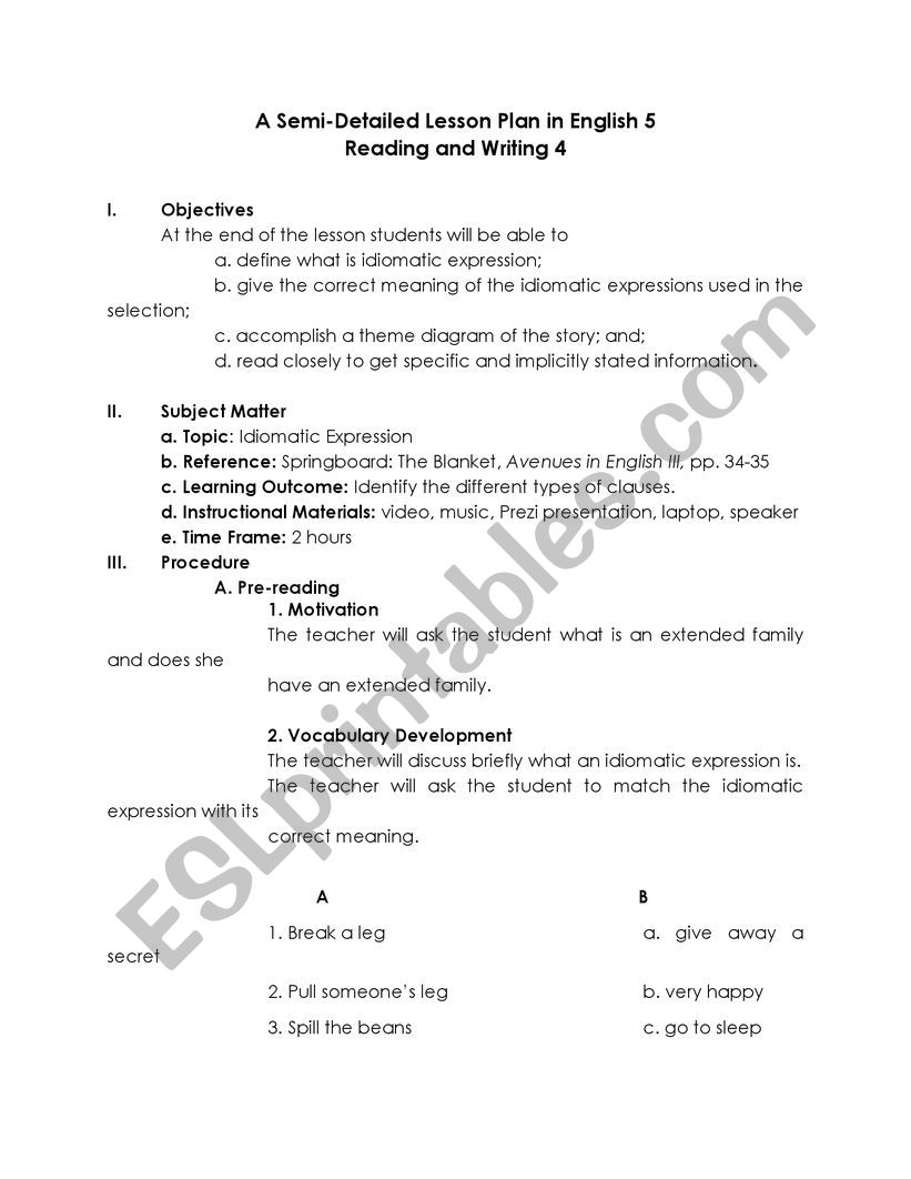 Idiomatic Expression LP worksheet