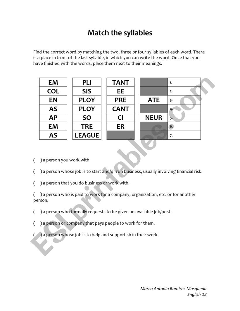 Vocabulary related to jobs worksheet