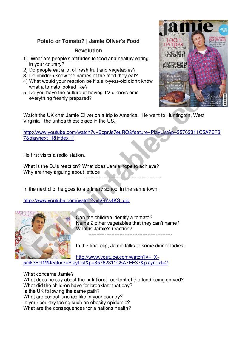 video worksheet about Jamie Oliver�s food revolution