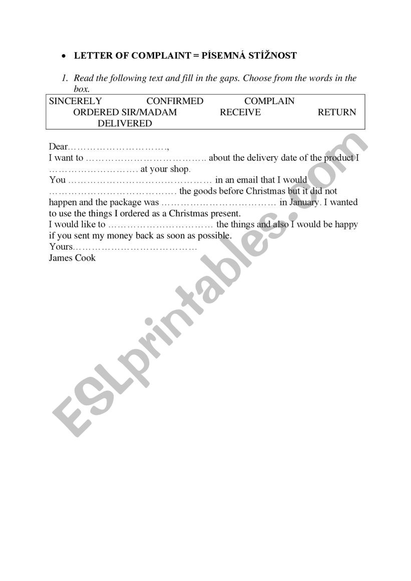 Letter of Complaint worksheet