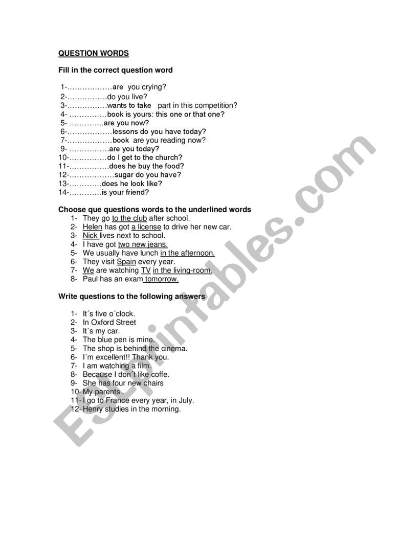 Questions words worksheet