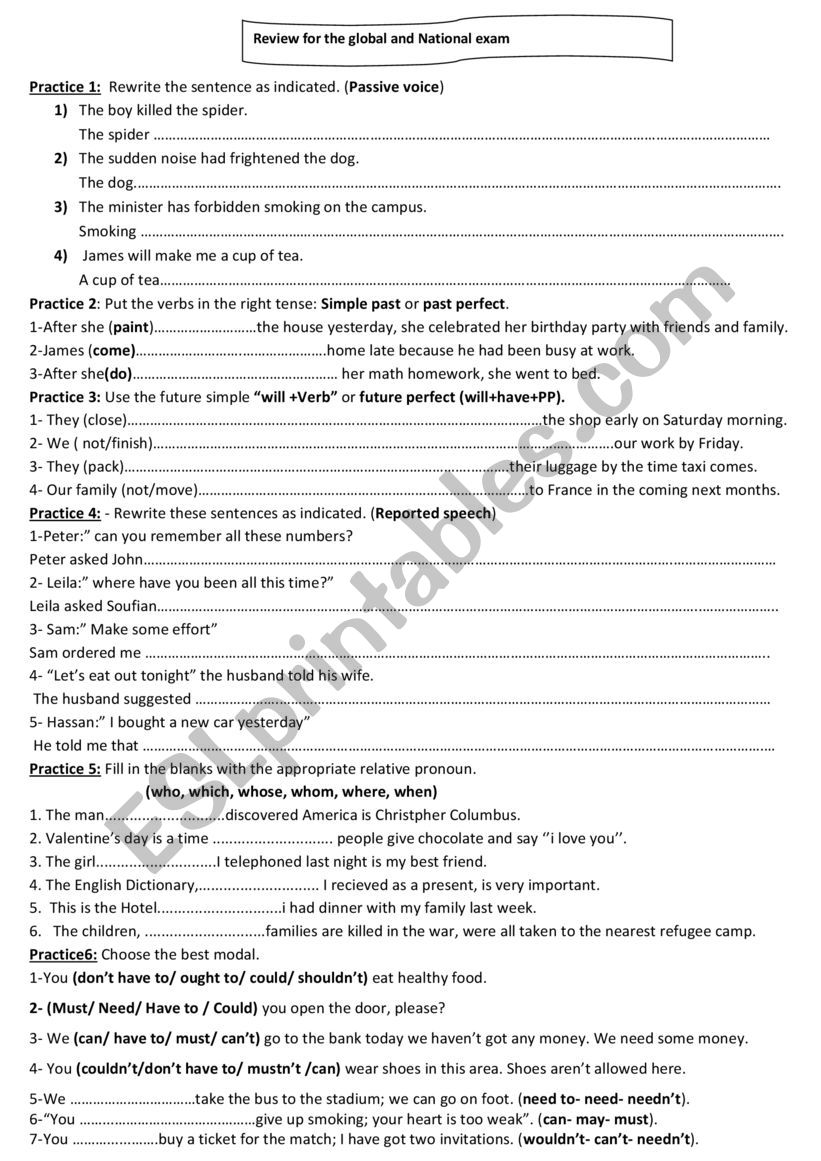 Global review for 2 nd bac worksheet