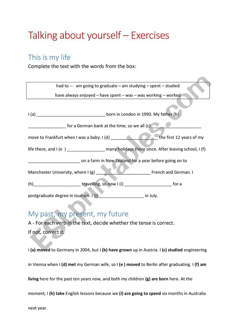 Tenses review, talking about oneself, biography