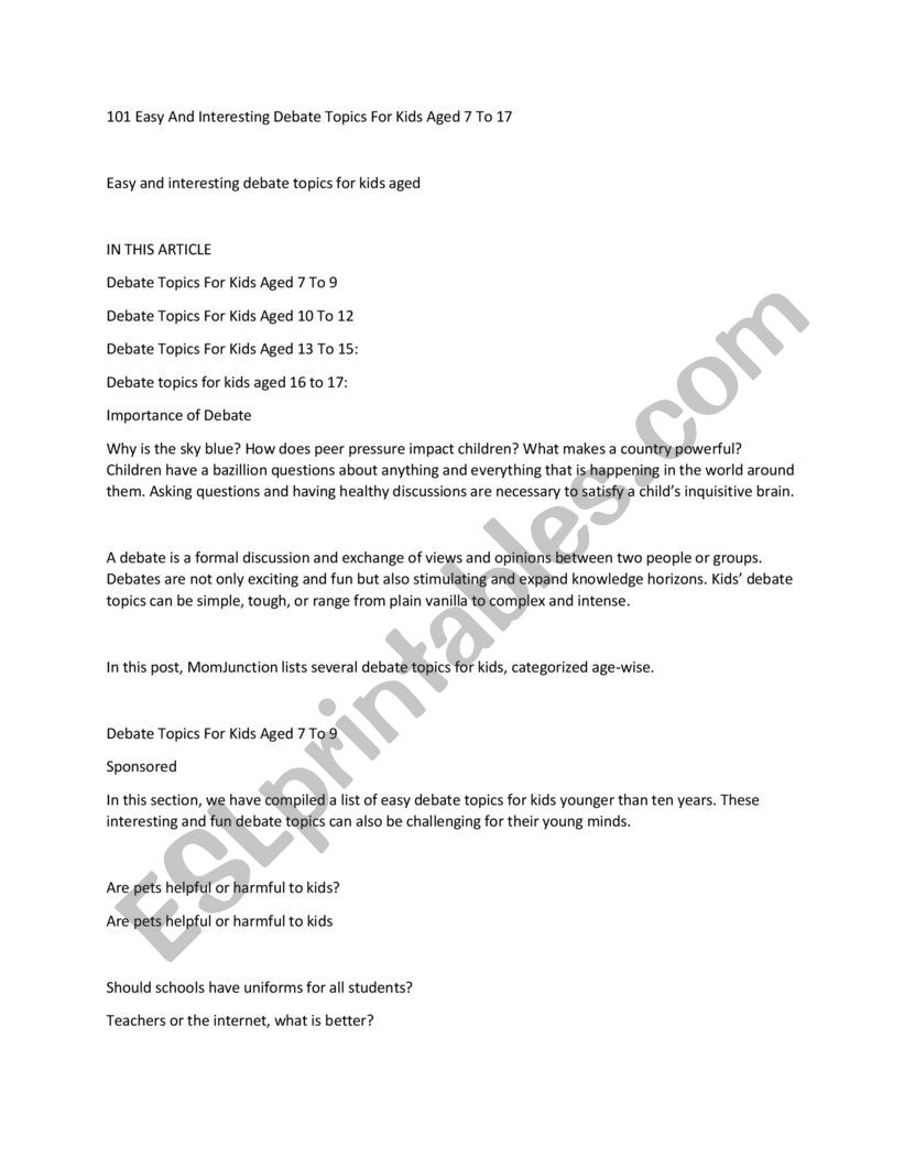 Debate topics worksheet