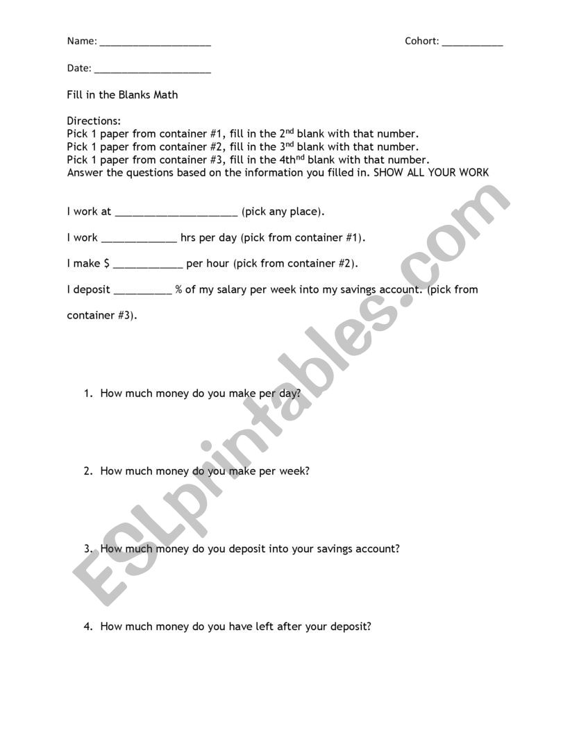 Fill in the Blanks Math Sheet worksheet