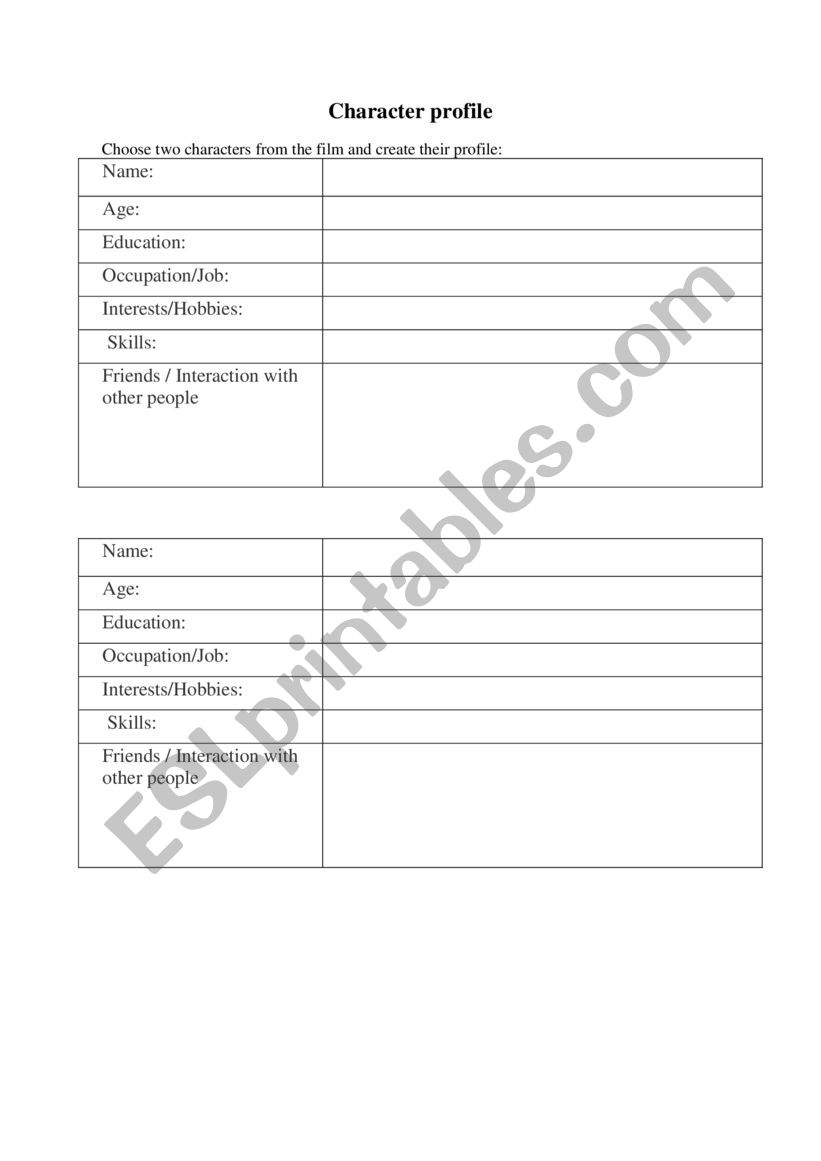 Character profiel (any movie) worksheet