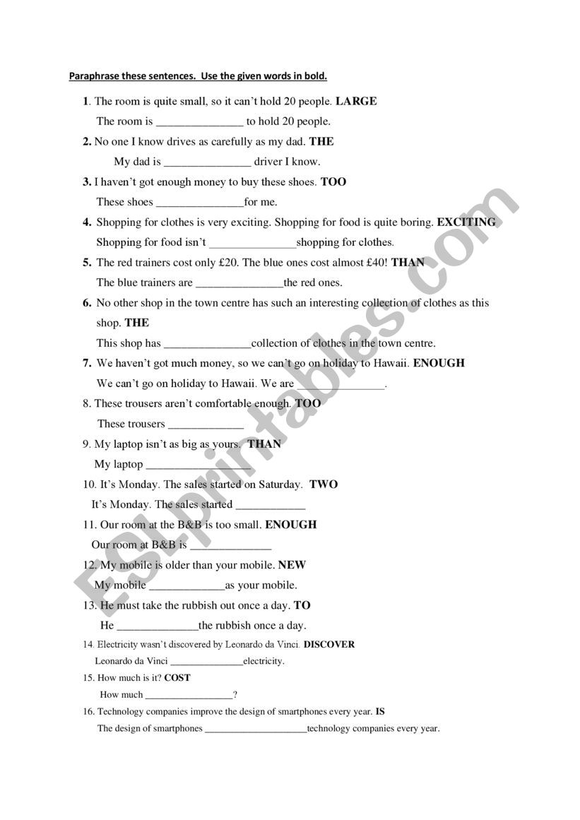 Paraphrase E8 worksheet