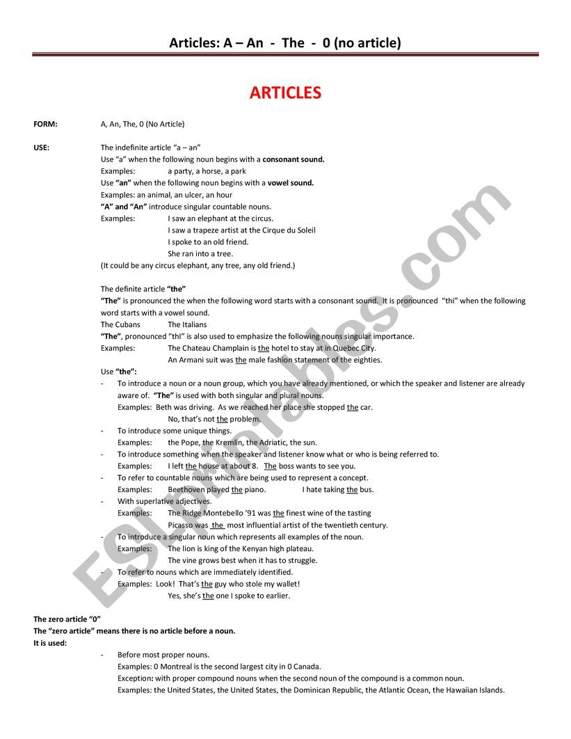 GRAMMAR - ARTICLES worksheet