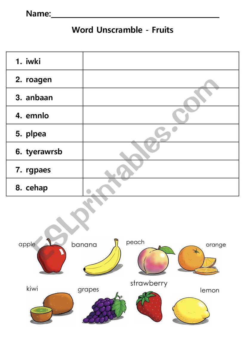 Word Unscramble - Fruits worksheet