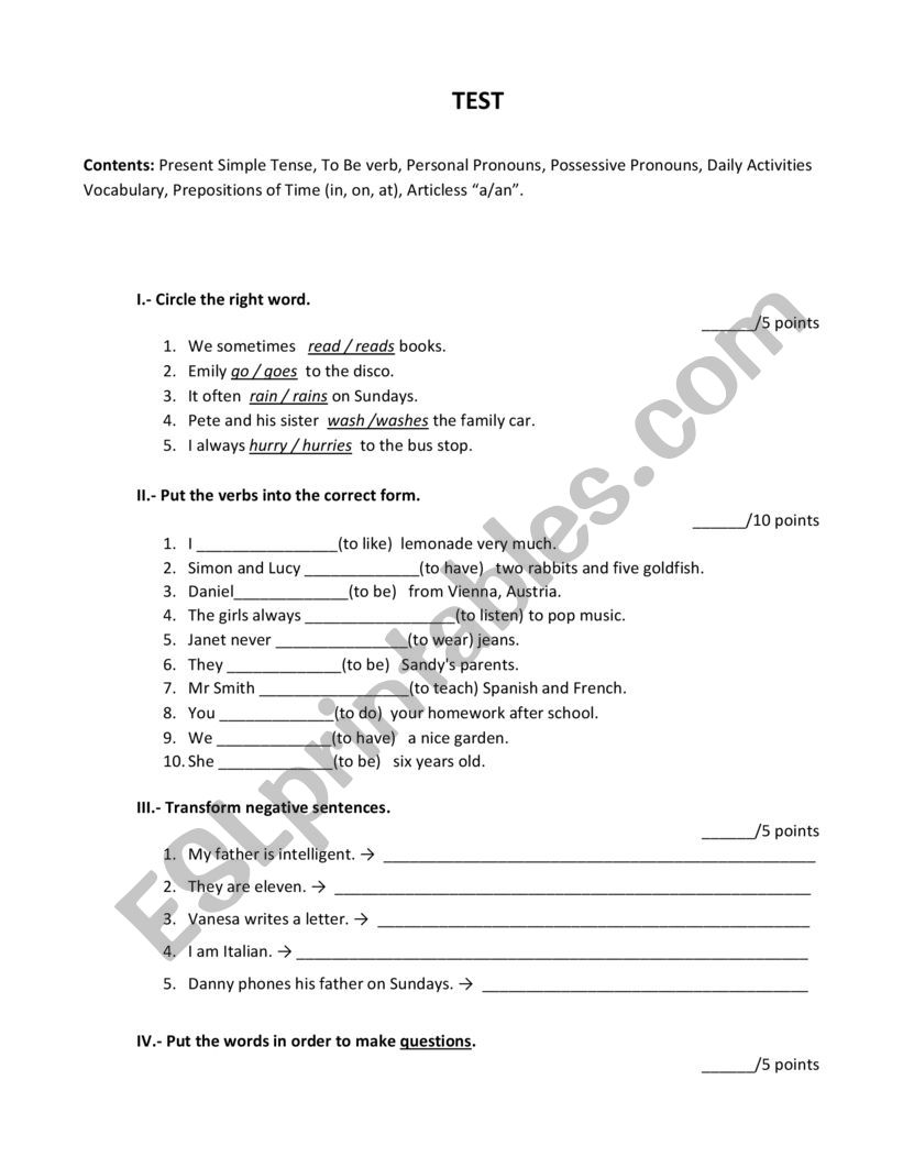 TEST - ESL worksheet by alercecostero