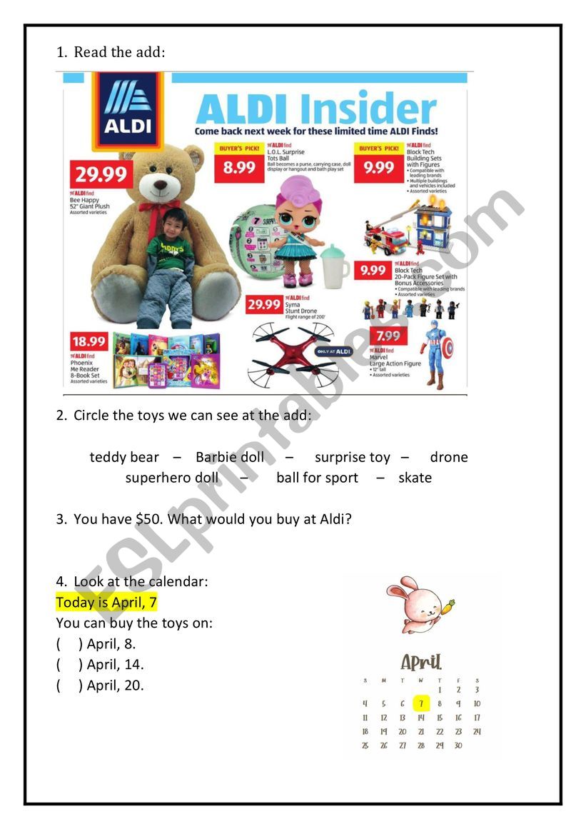 Toys Add to read and exercise worksheet