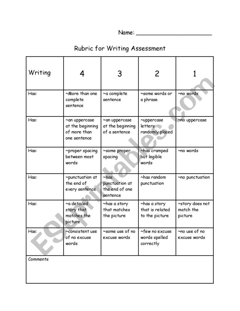 Writing Rubric worksheet