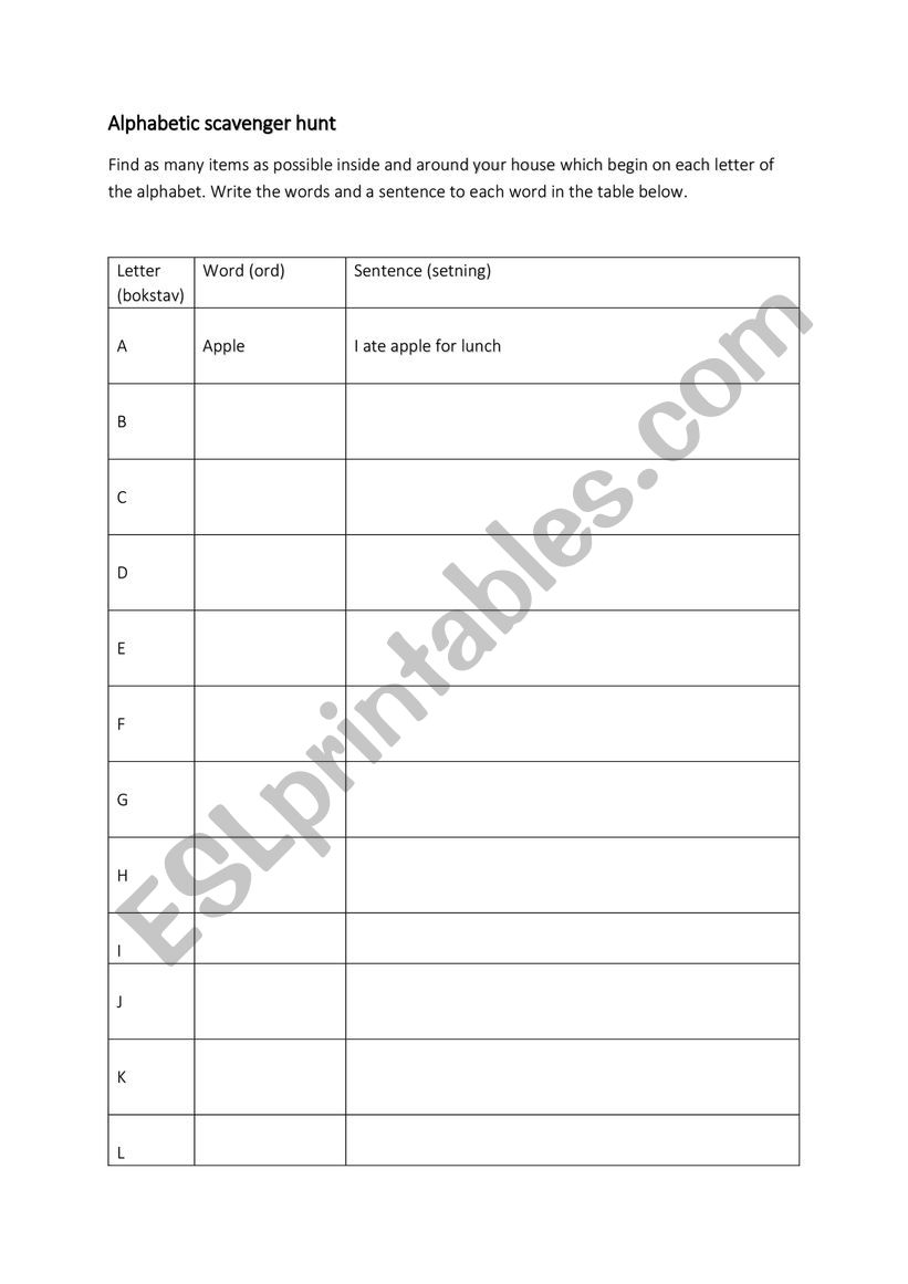 Alphabetic Scavenger Hunt worksheet