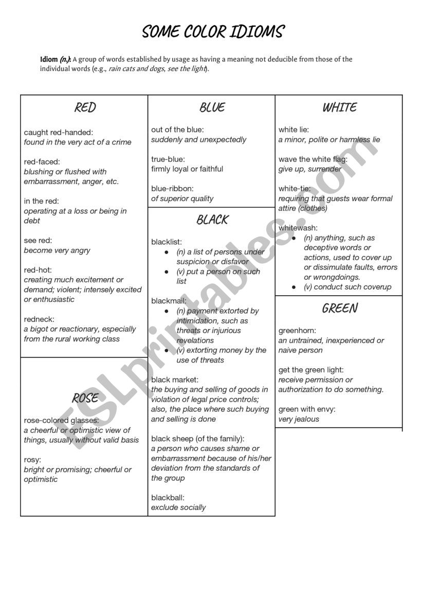 Color Idioms worksheet