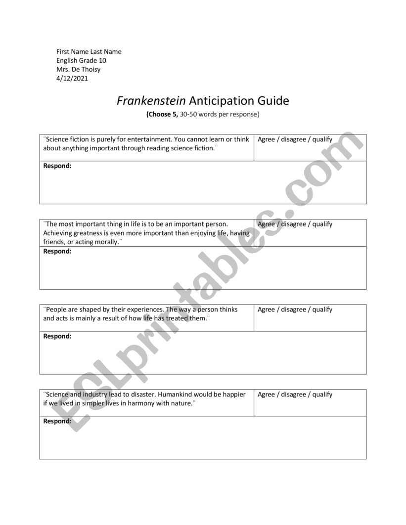 FRANKESTEIN ANTICIPATION worksheet