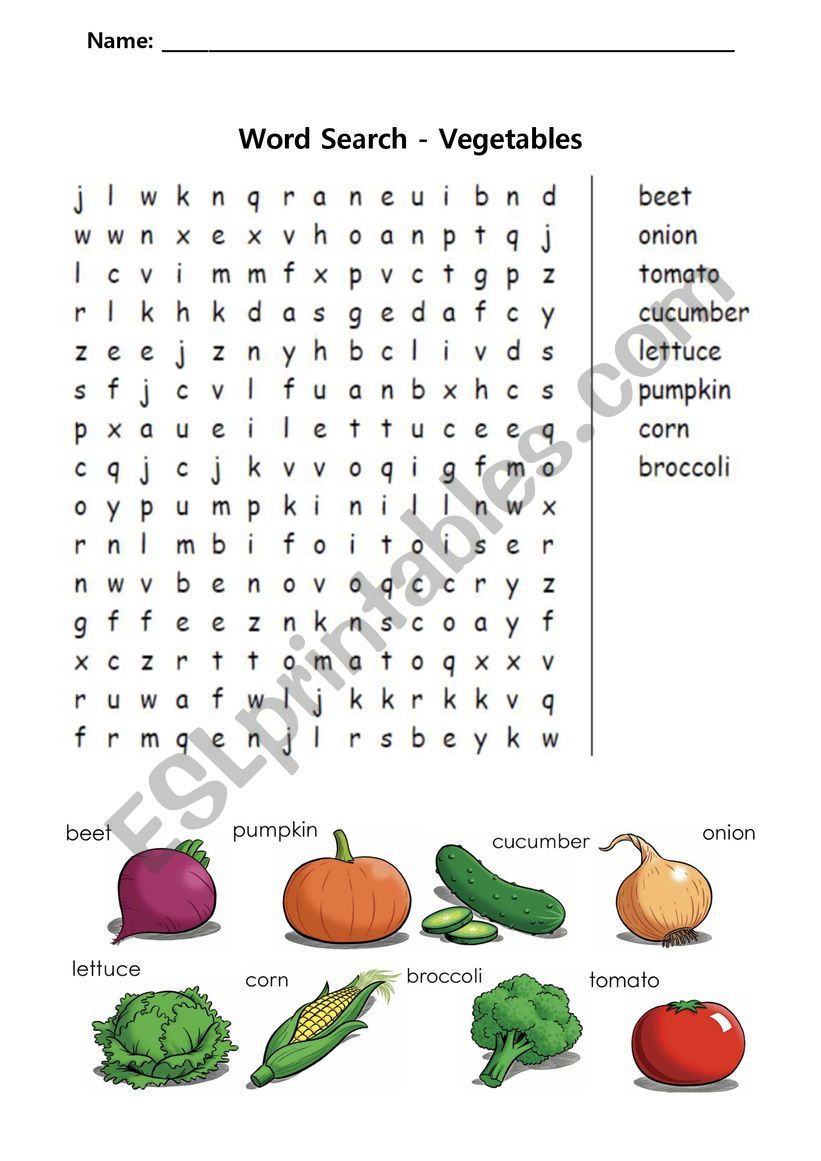 Name of Vegetables Word Search