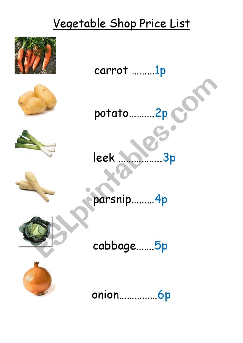 vegetable price list worksheet