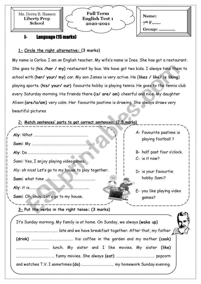 7th Form Full Term Test 1 - Esl Worksheet By Dorra Bh