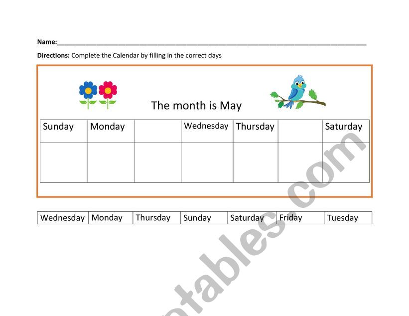 May Editable Calendar Worksheet