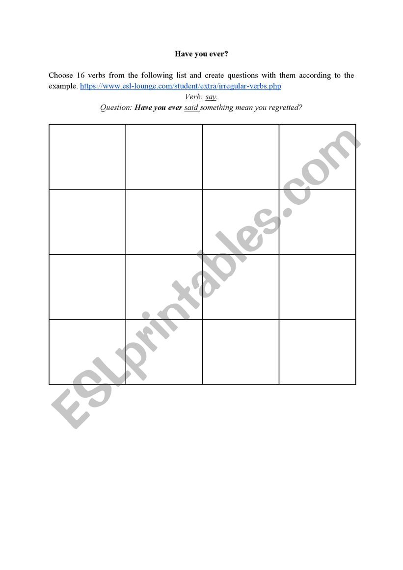 Present perfect bingo worksheet