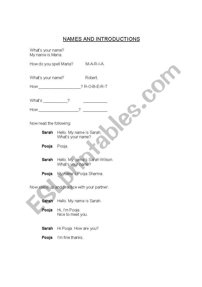 Names and Intros worksheet