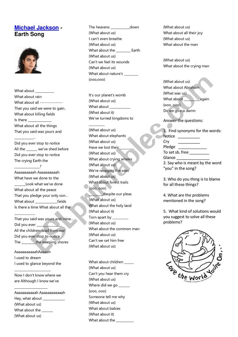 Michael Jacson Earth Song worksheet