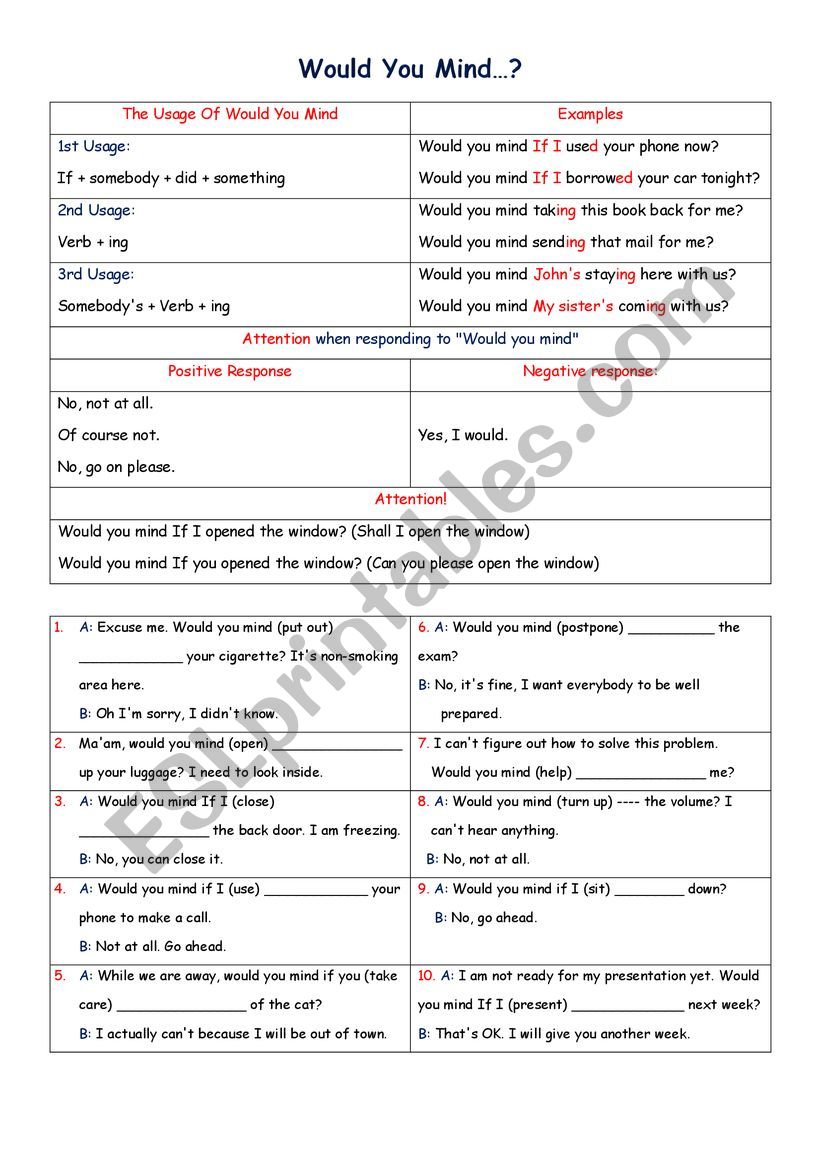 English Worksheets Would You Mind