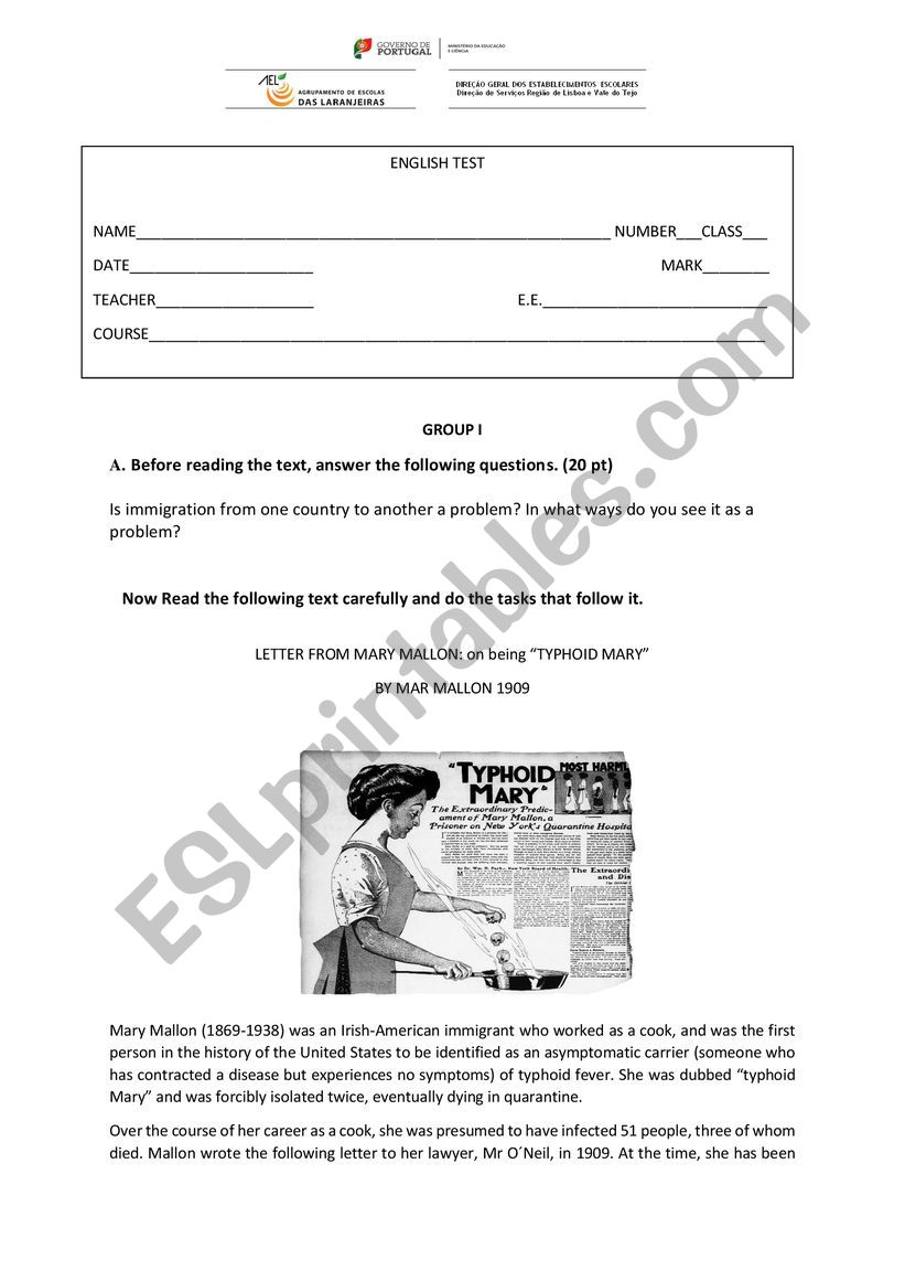 English test 10th grade worksheet