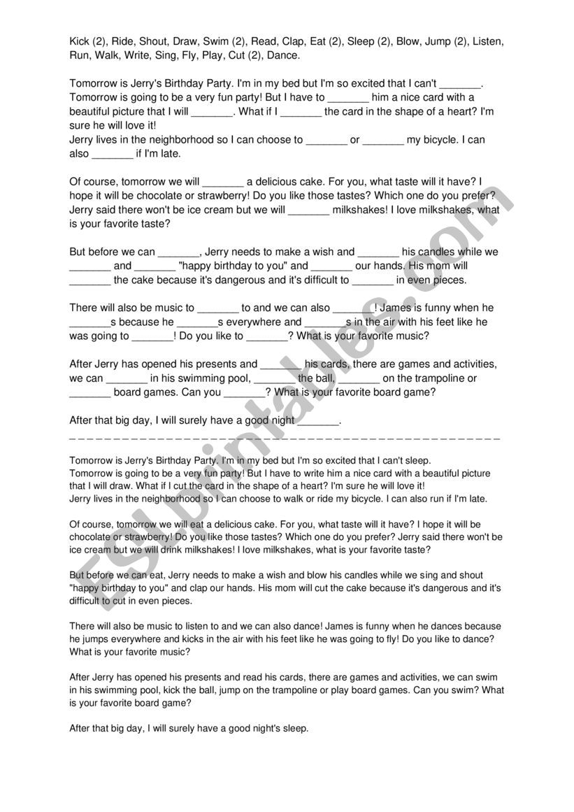 Jerry�s birthday party  worksheet