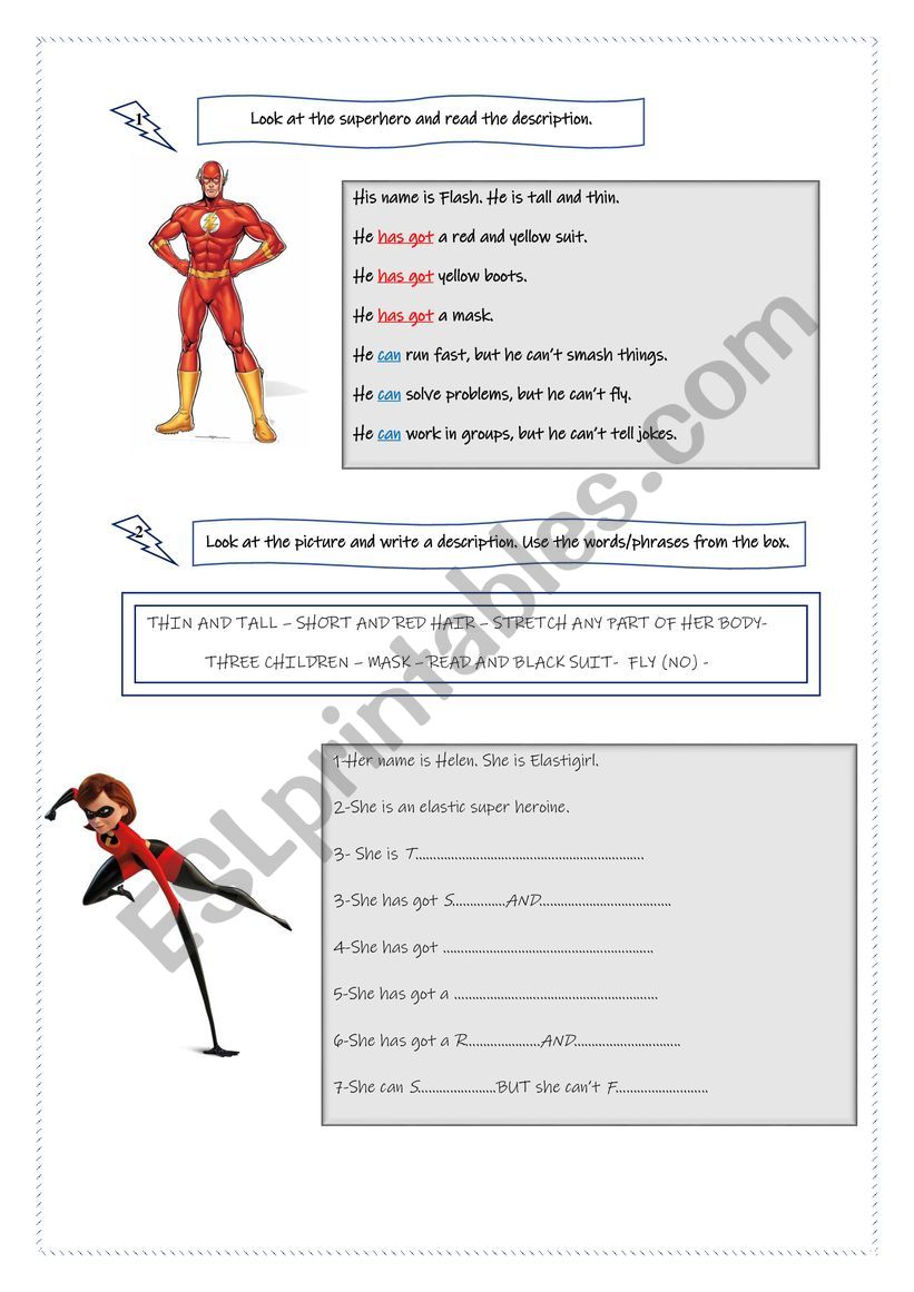 descriptions superheroes worksheet