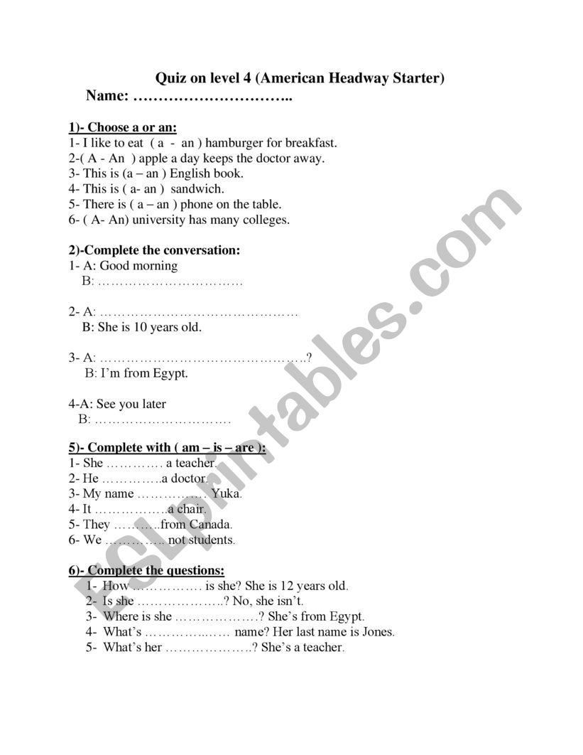 quiz on level 1 beginner worksheet