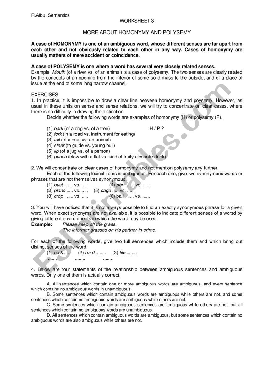 homonymy and polysemy worksheet