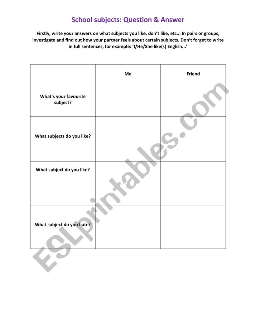 School Subjects Questionnaire worksheet