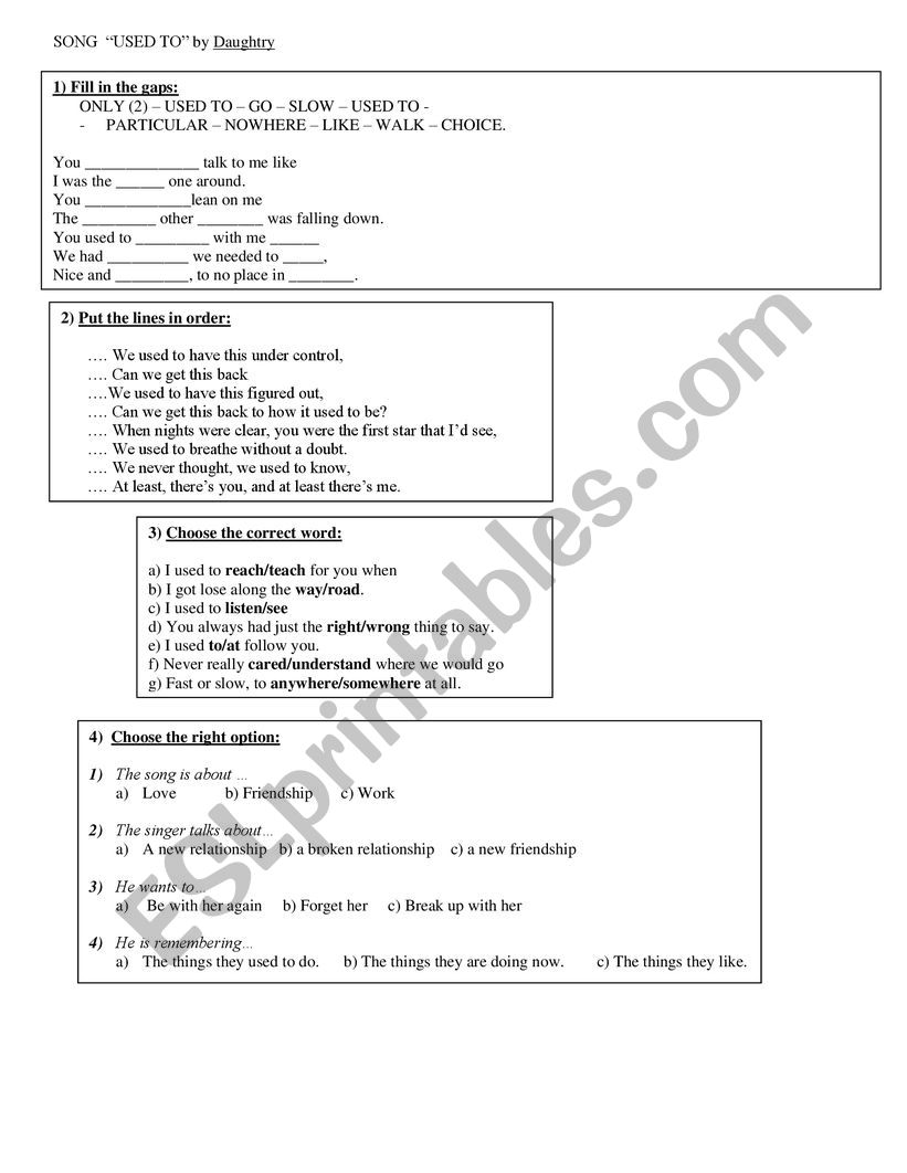 Song Used to by Daughtry worksheet