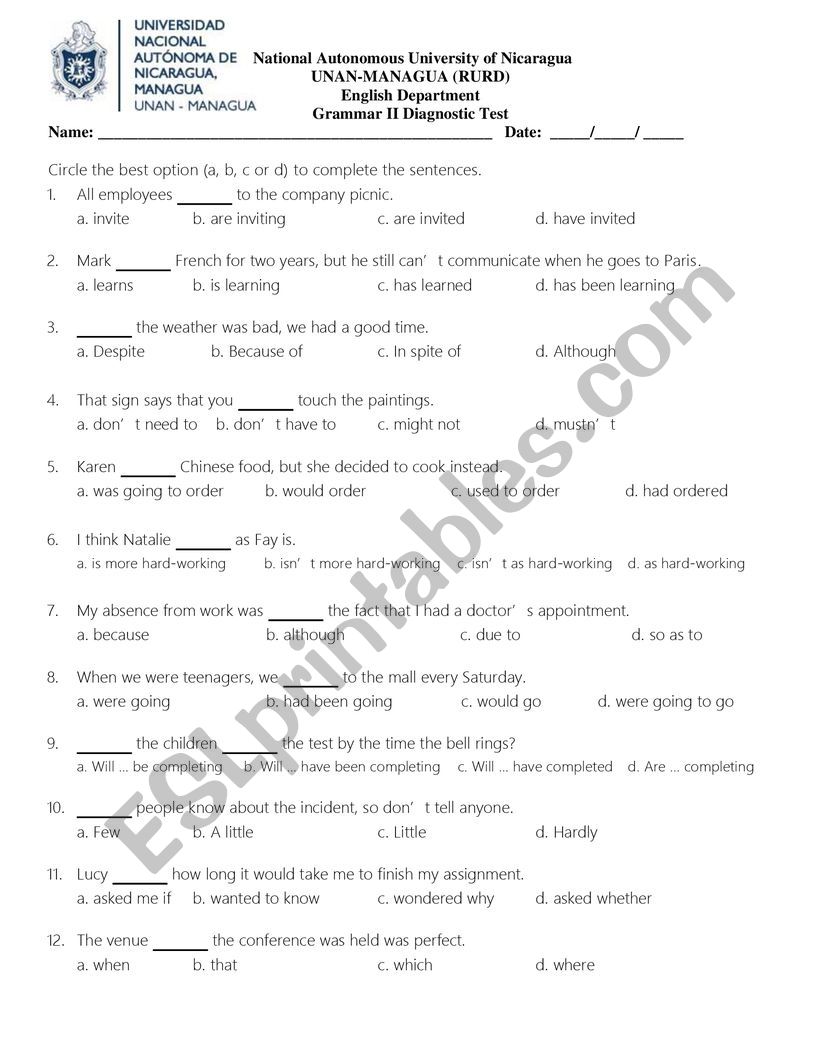 Diagnostic quiz worksheet