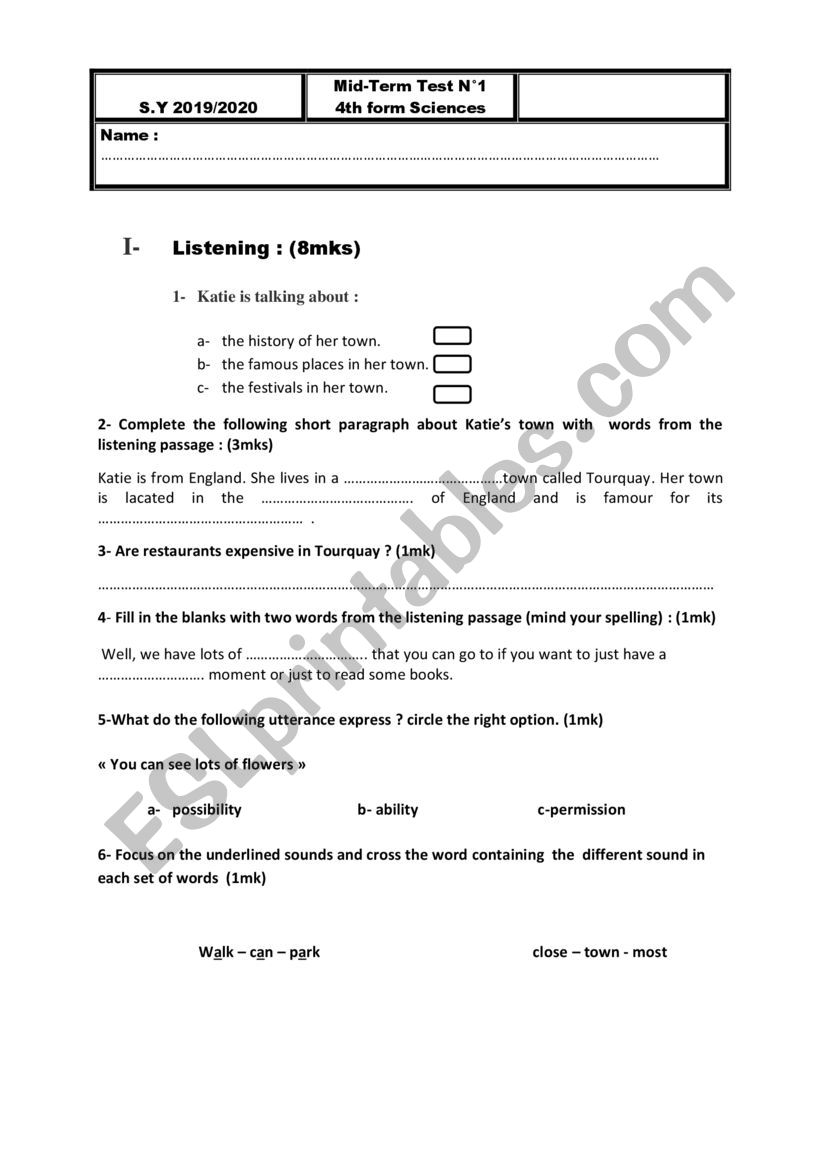 first term test for 4th form  worksheet