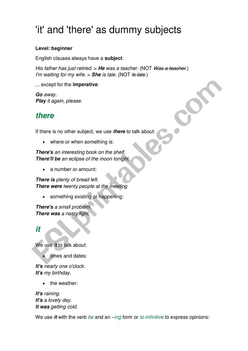 It and there as subjects worksheet