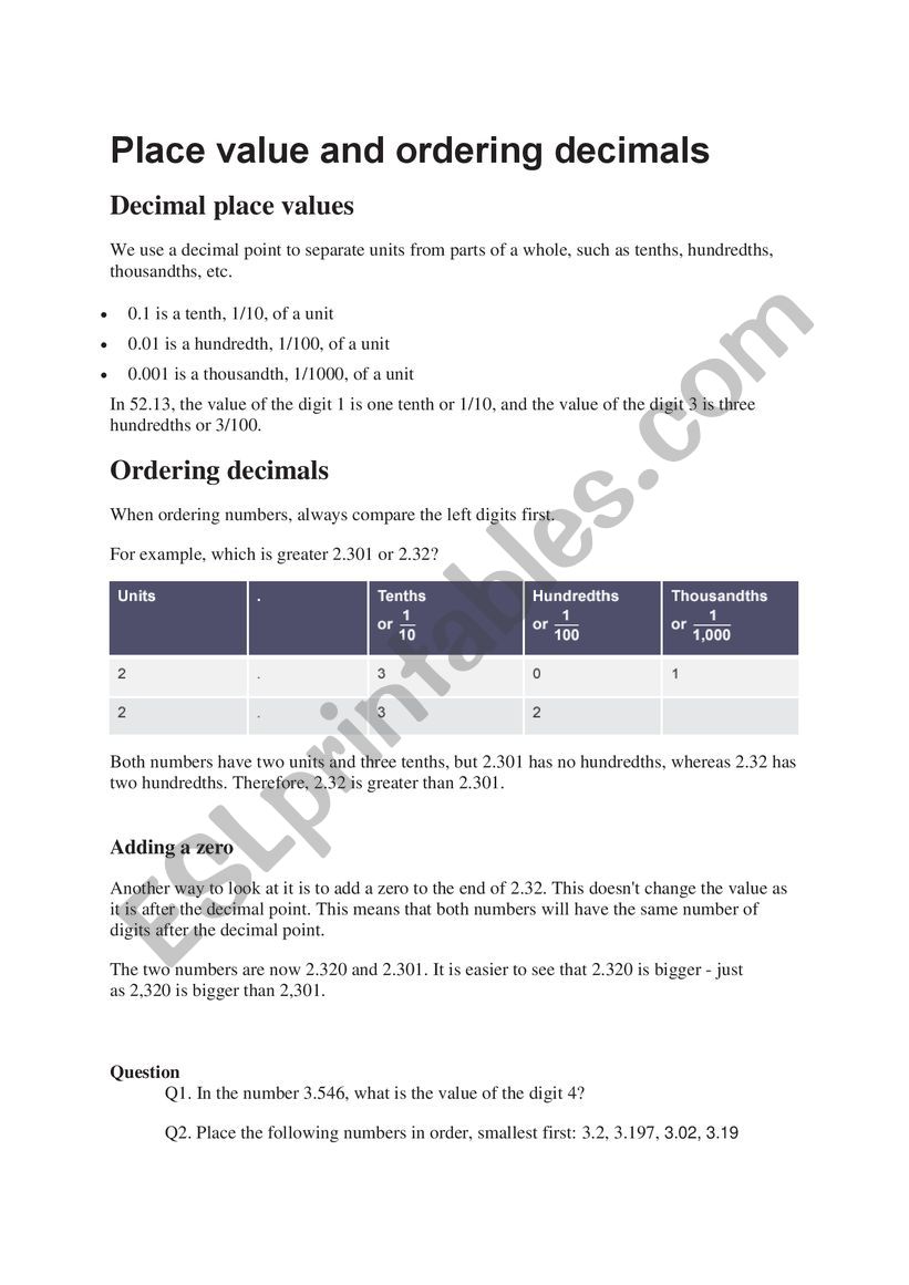 Place values  worksheet