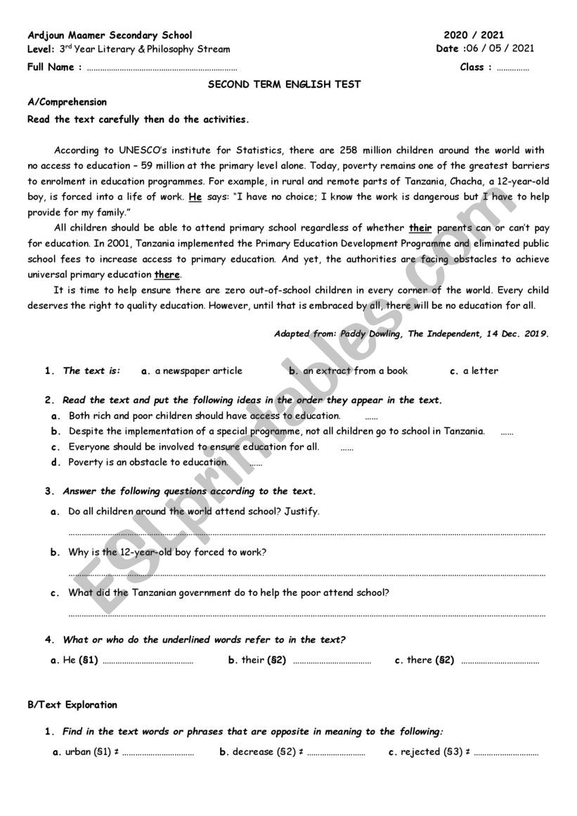 Education Test 3LPH worksheet