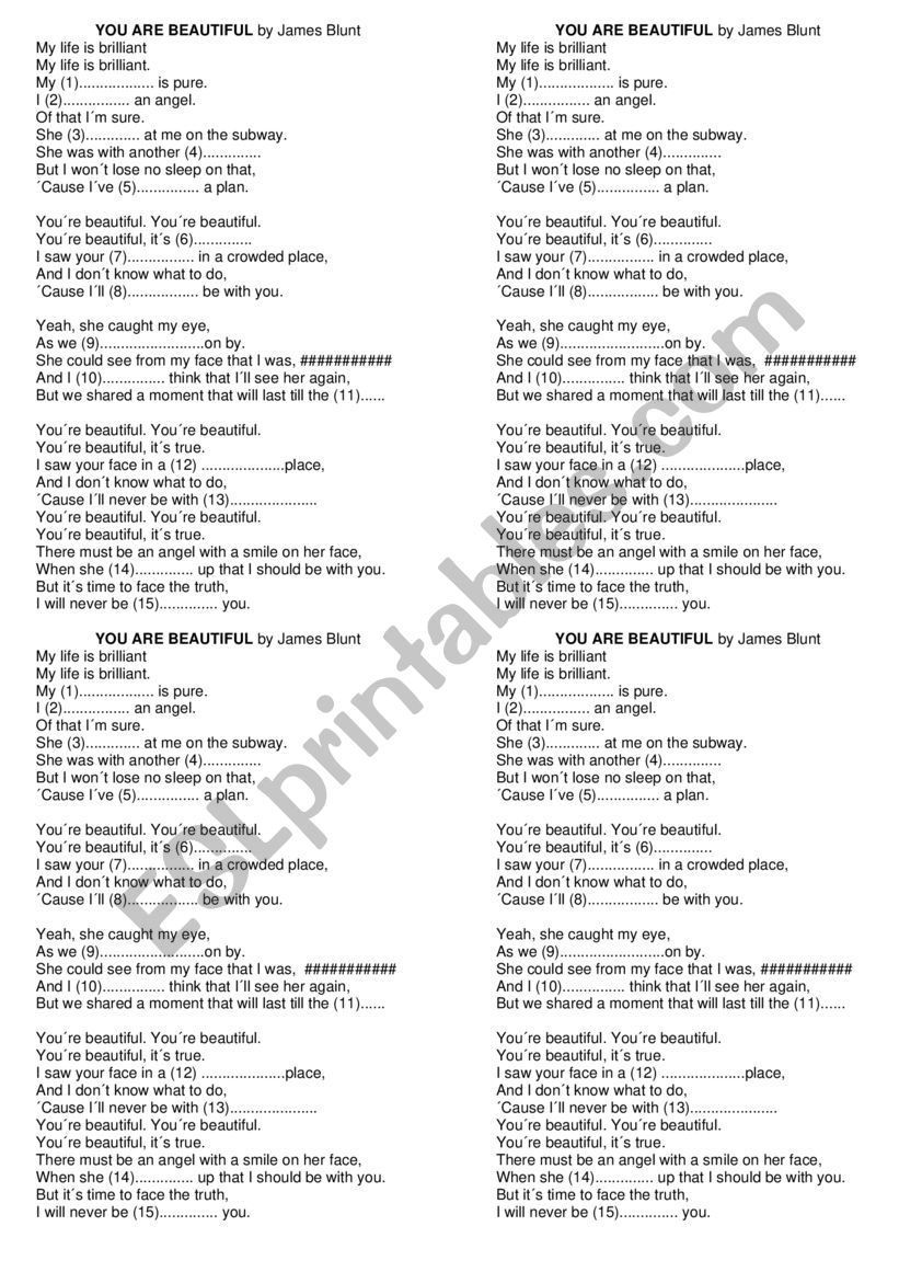 Song You are beautiful by James Blunt - ESL worksheet by virginiaferrer