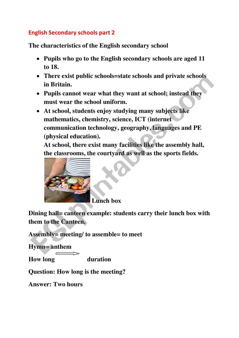 English secondary school worksheet